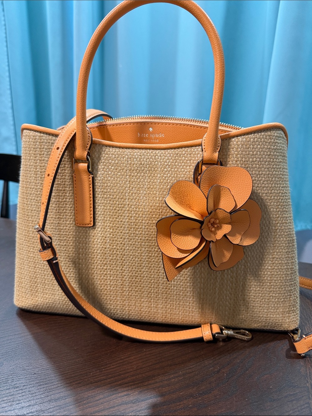 Thompson Street Kate Spade satchel (Large) Straw with leather cream orange trim.